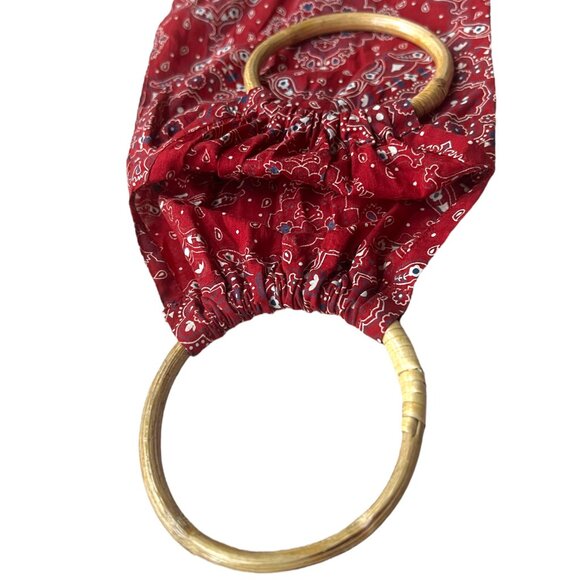 Small red, white, and blue bandana print bag with bamboo handles - Picture 3 of 5